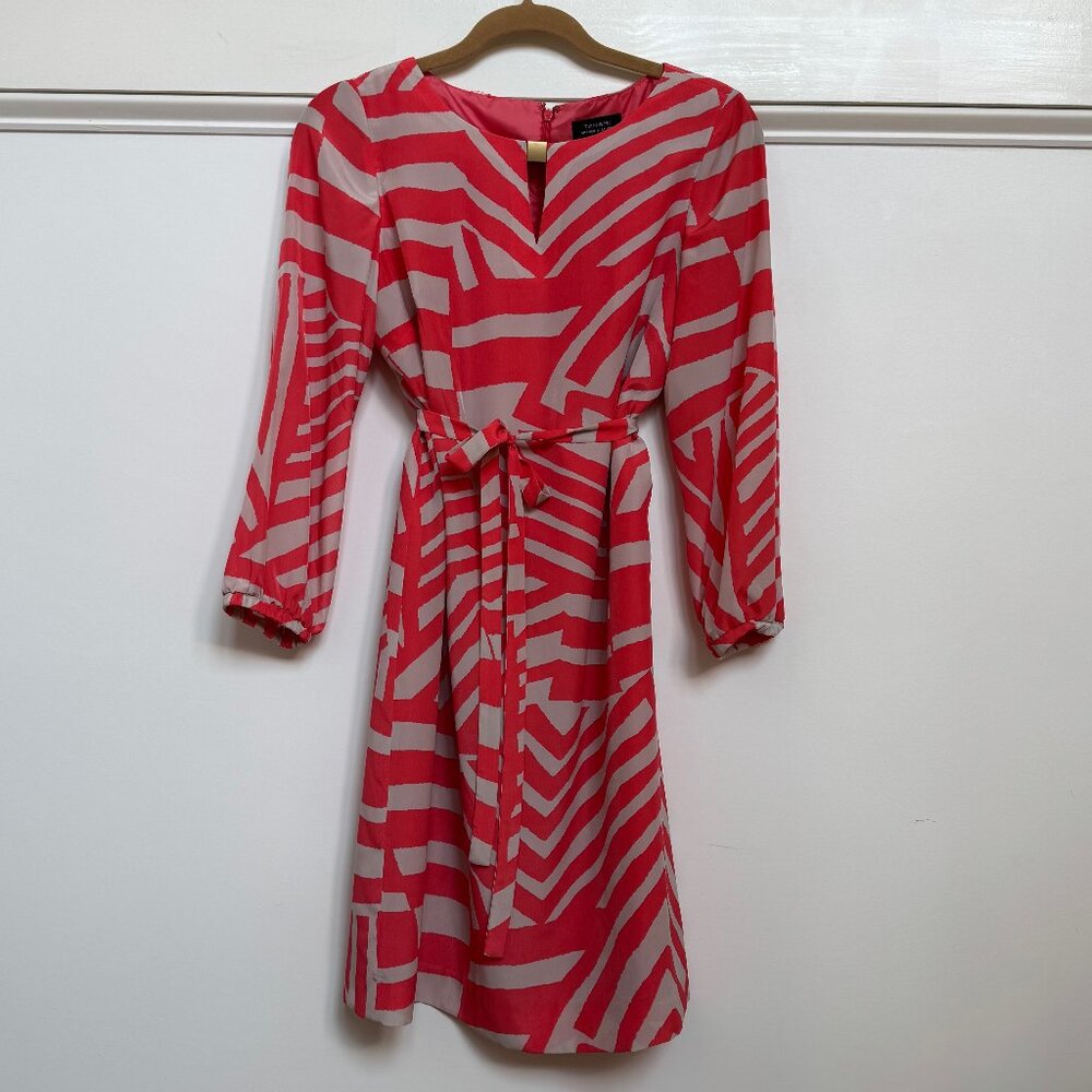 TAHARI - Red & Tan Geometric Pattern Belted Dress - Size 4